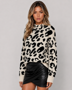 Women's Leopard Print Knit Sweater - Mock Neck Relaxed Fit