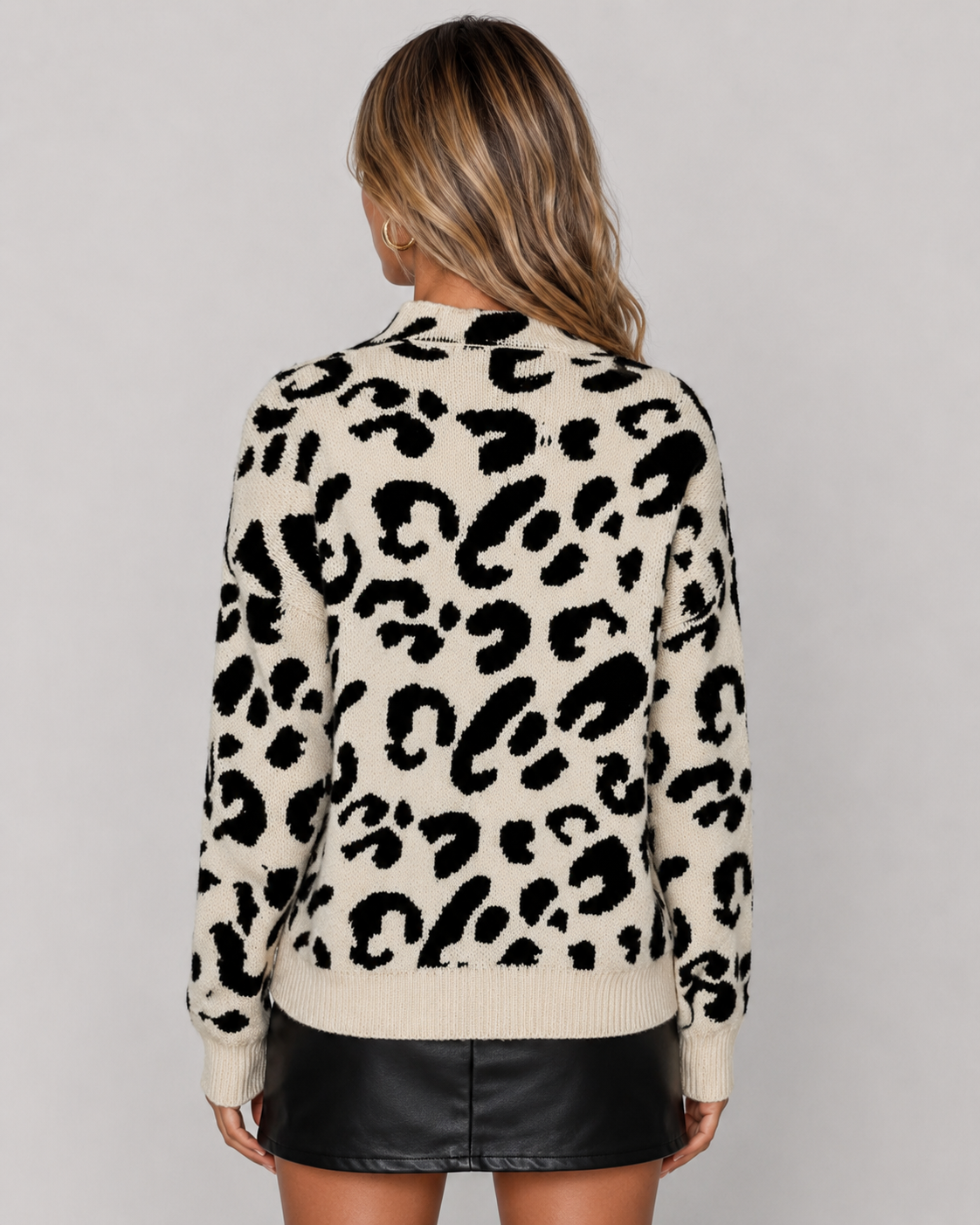 Women's Leopard Print Knit Sweater - Mock Neck Relaxed Fit