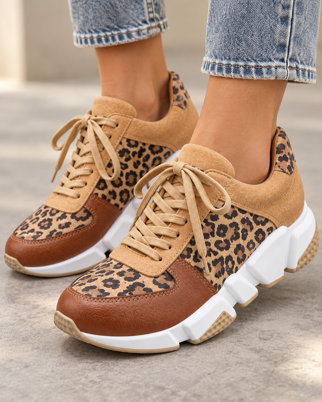 Women's Leopard Print Sneakers - Chunky Sole Lace-Up