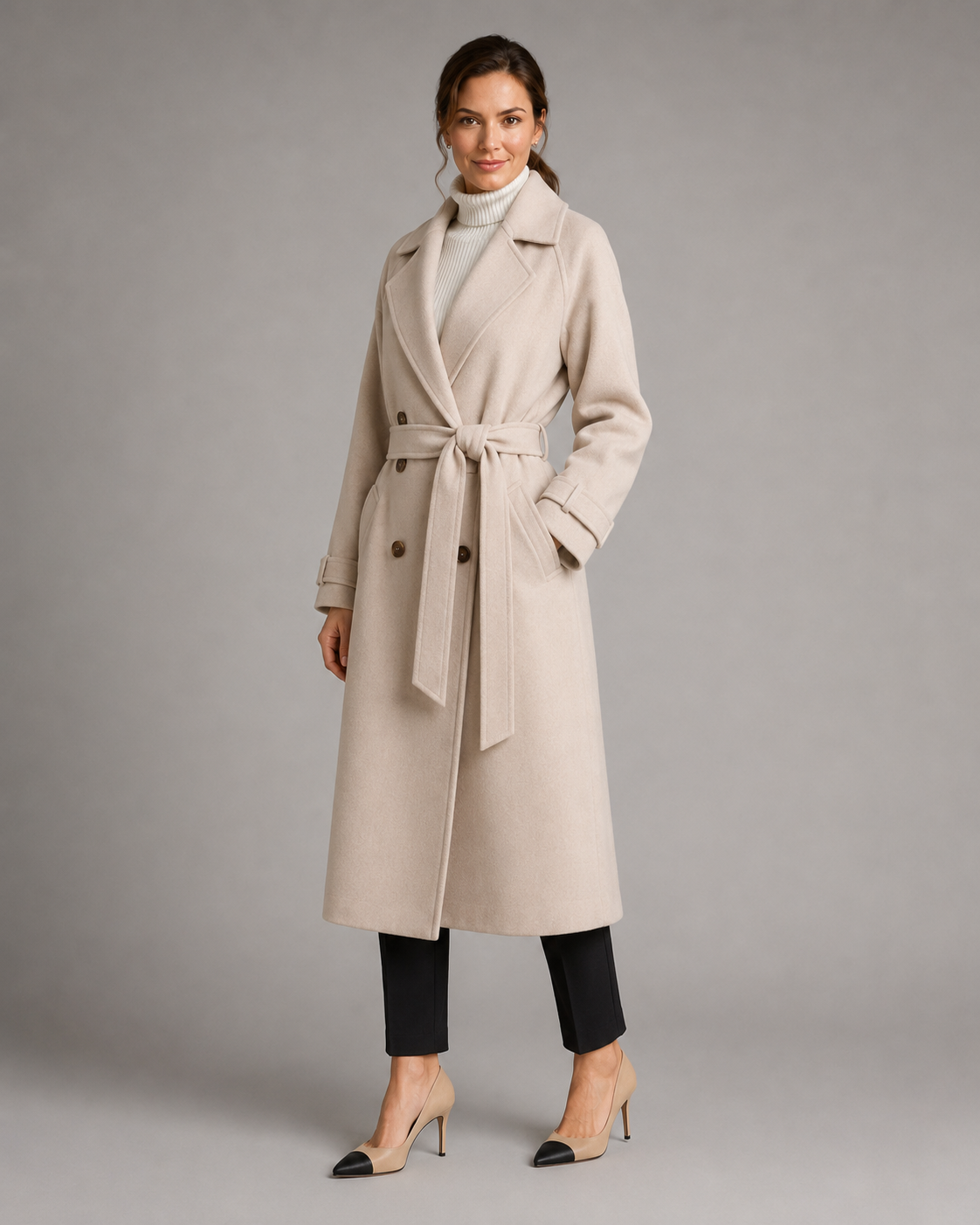 Women's Long Belted Wool Coat - Notch Lapel