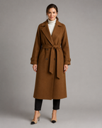 Women's Long Belted Wool Coat - Notch Lapel