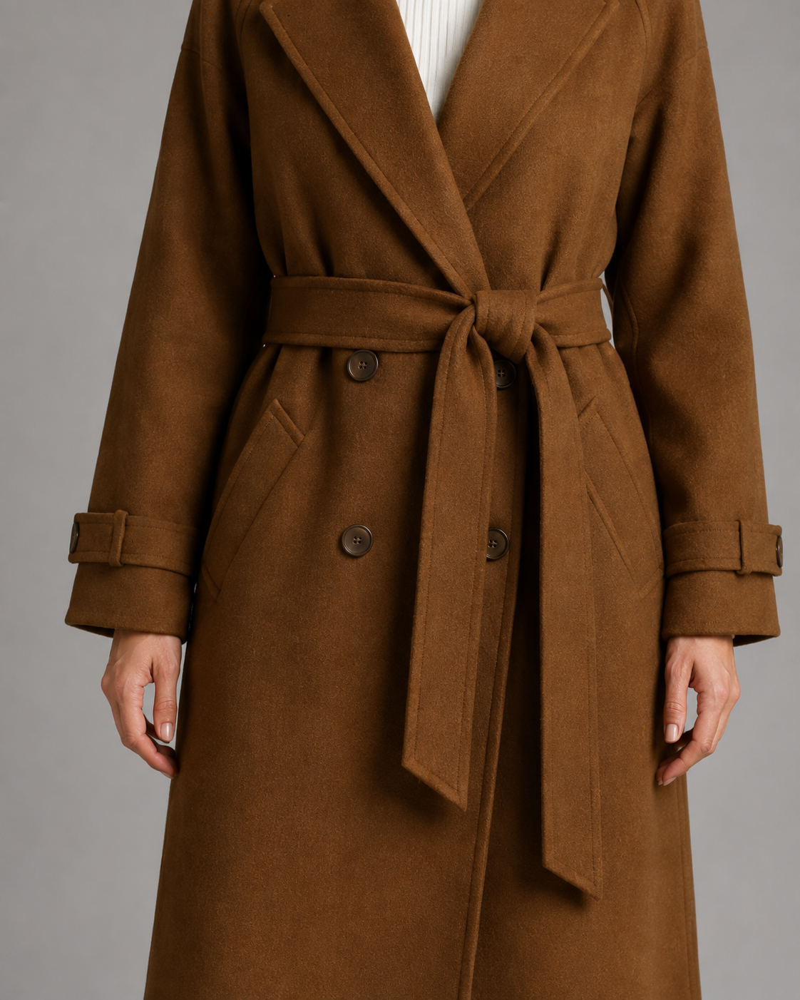 Women's Long Belted Wool Coat - Notch Lapel