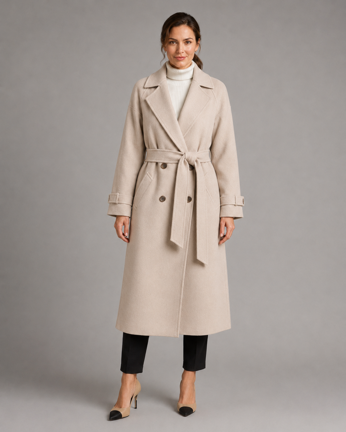 Women's Long Belted Wool Coat - Notch Lapel