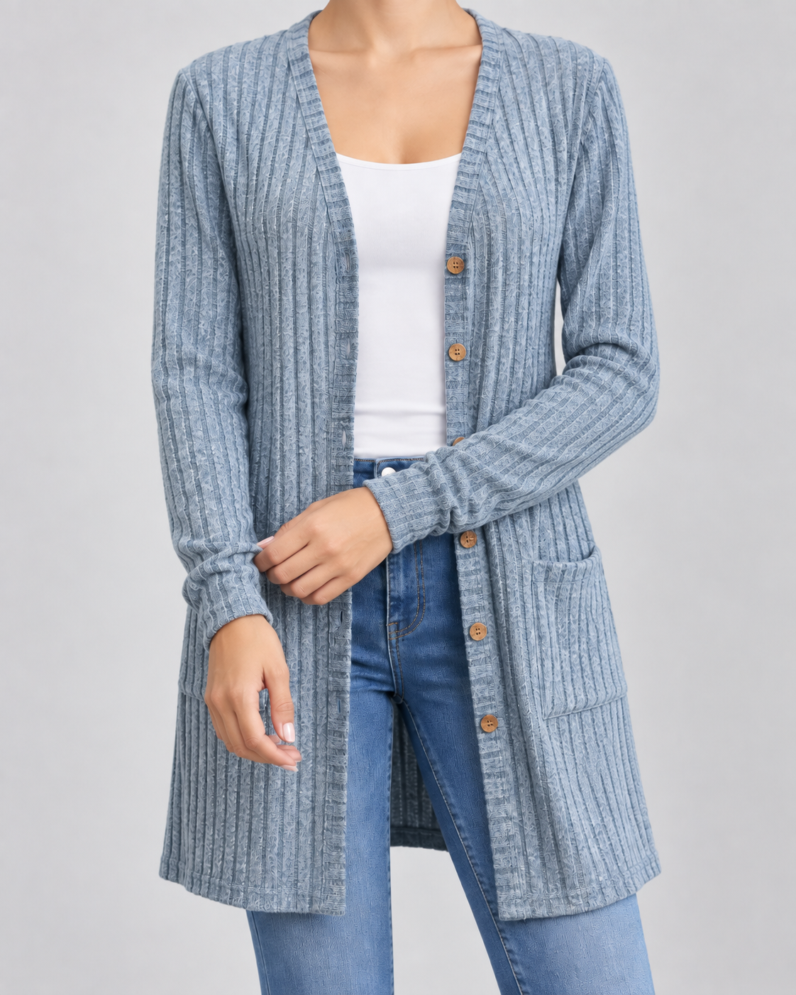 Women's Longline Cardigan - Ribbed V-Neck Pockets