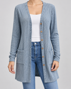 Women's Longline Cardigan - Ribbed V-Neck Pockets