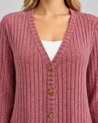 Women's Longline Cardigan - Ribbed V-Neck Pockets