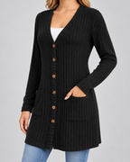 Women's Longline Cardigan - Ribbed V-Neck Pockets