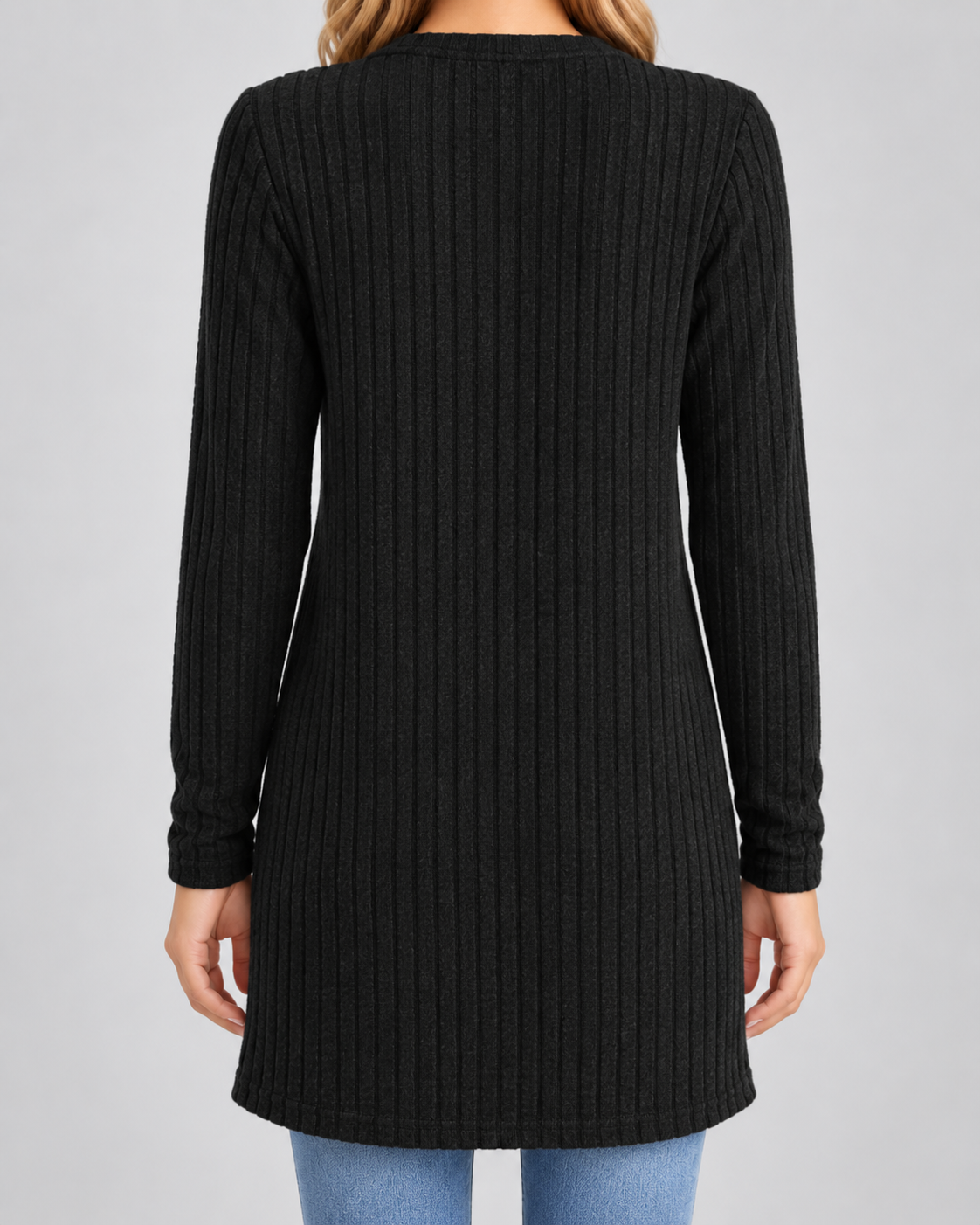 Women's Longline Cardigan - Ribbed V-Neck Pockets