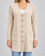 Women's Longline Cardigan - Ribbed V-Neck Pockets