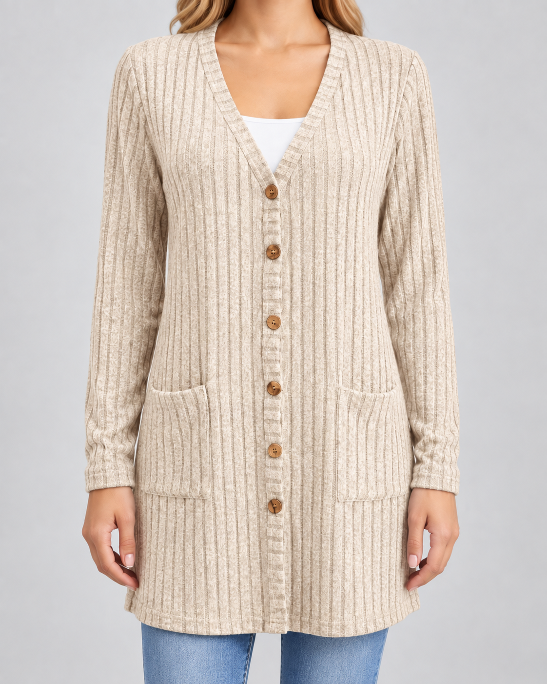 Women's Longline Cardigan - Ribbed V-Neck Pockets