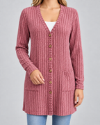 Women's Longline Cardigan - Ribbed V-Neck Pockets