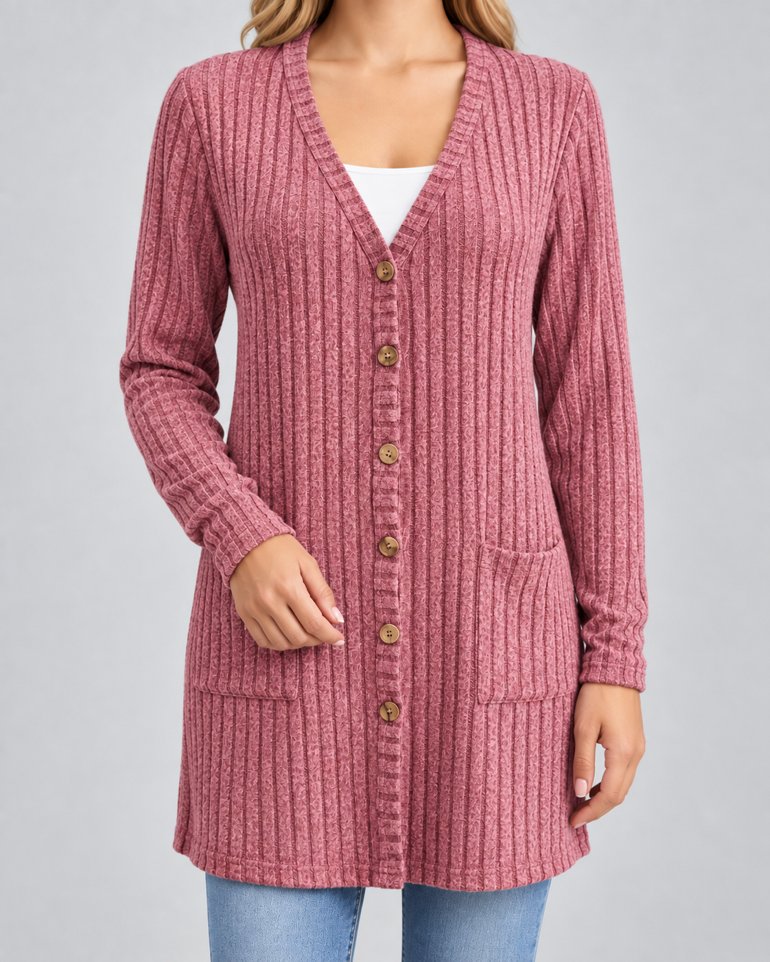 Women's Longline Cardigan - Ribbed V-Neck Pockets