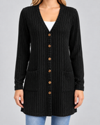 Women's Longline Cardigan - Ribbed V-Neck Pockets