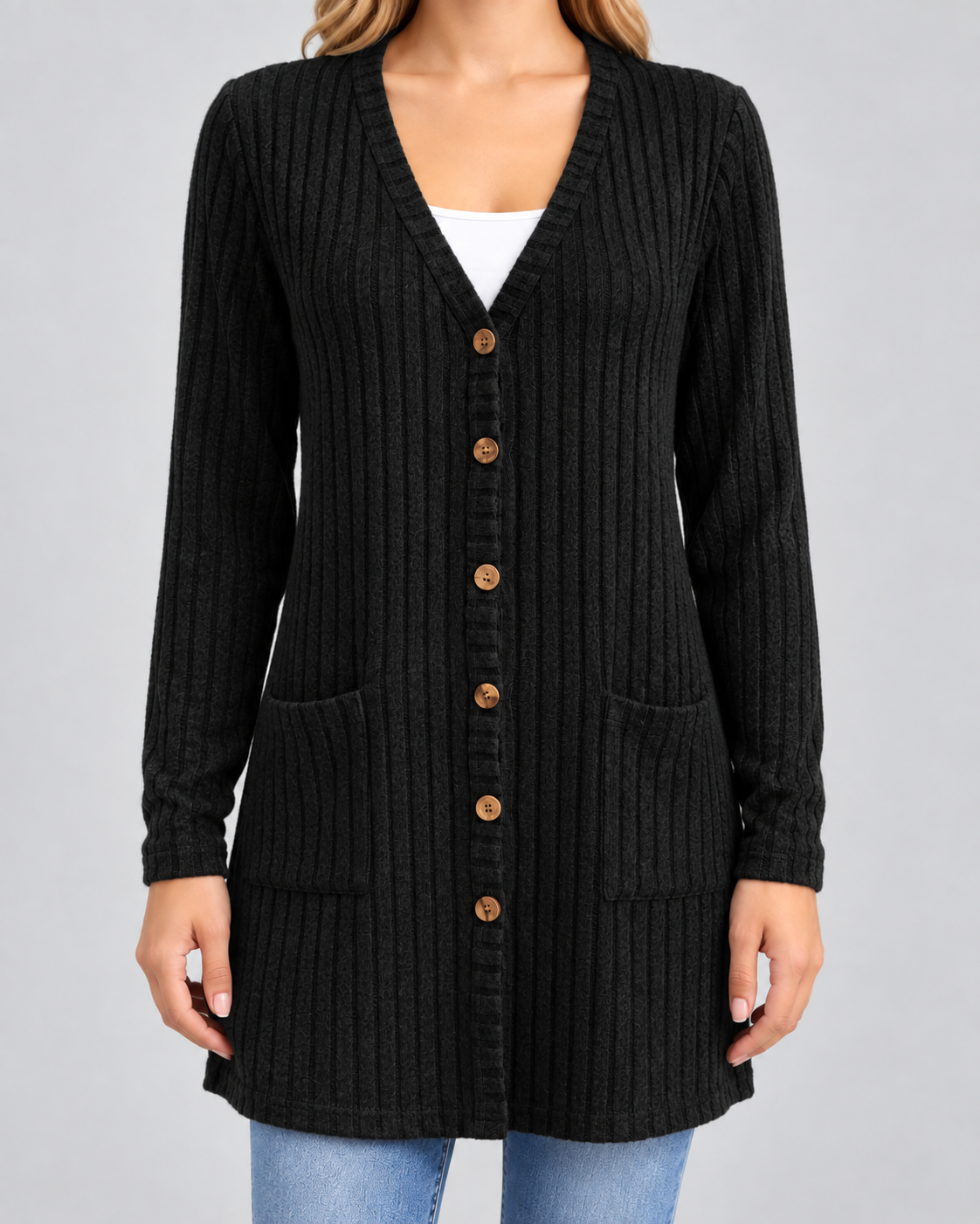 Women's Longline Cardigan - Ribbed V-Neck Pockets