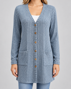 Women's Longline Cardigan - Ribbed V-Neck Pockets