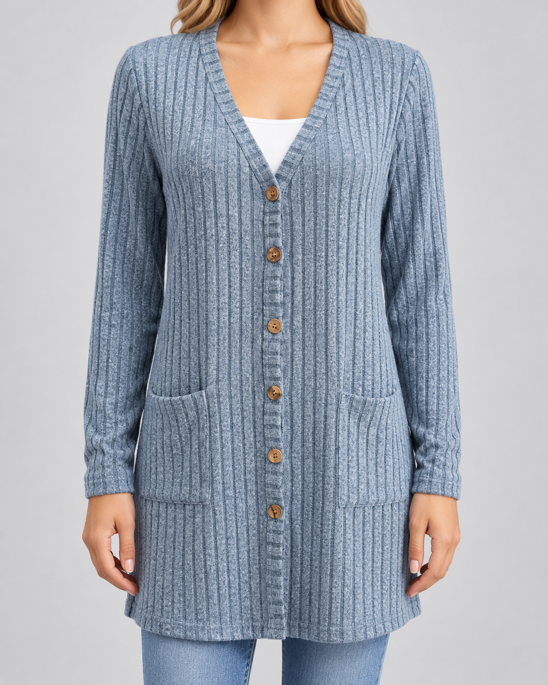 Women's Longline Cardigan - Ribbed V-Neck Pockets