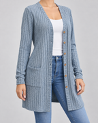 Women's Longline Cardigan - Ribbed V-Neck Pockets