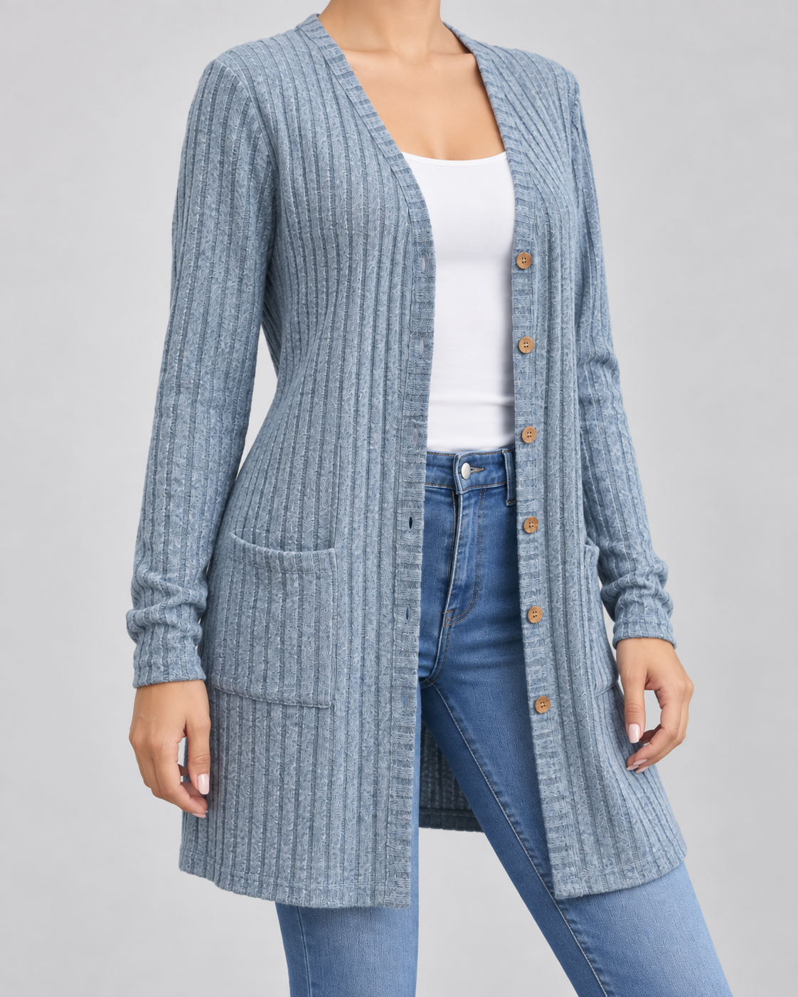 Women's Longline Cardigan - Ribbed V-Neck Pockets