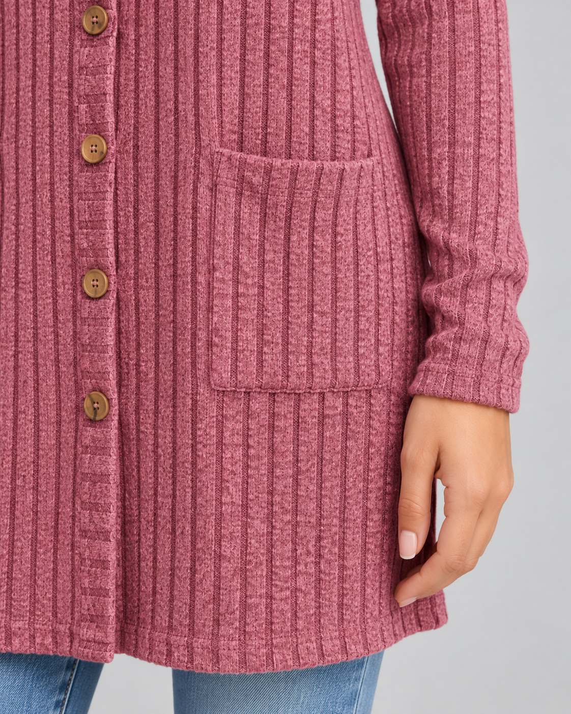 Women's Longline Cardigan - Ribbed V-Neck Pockets
