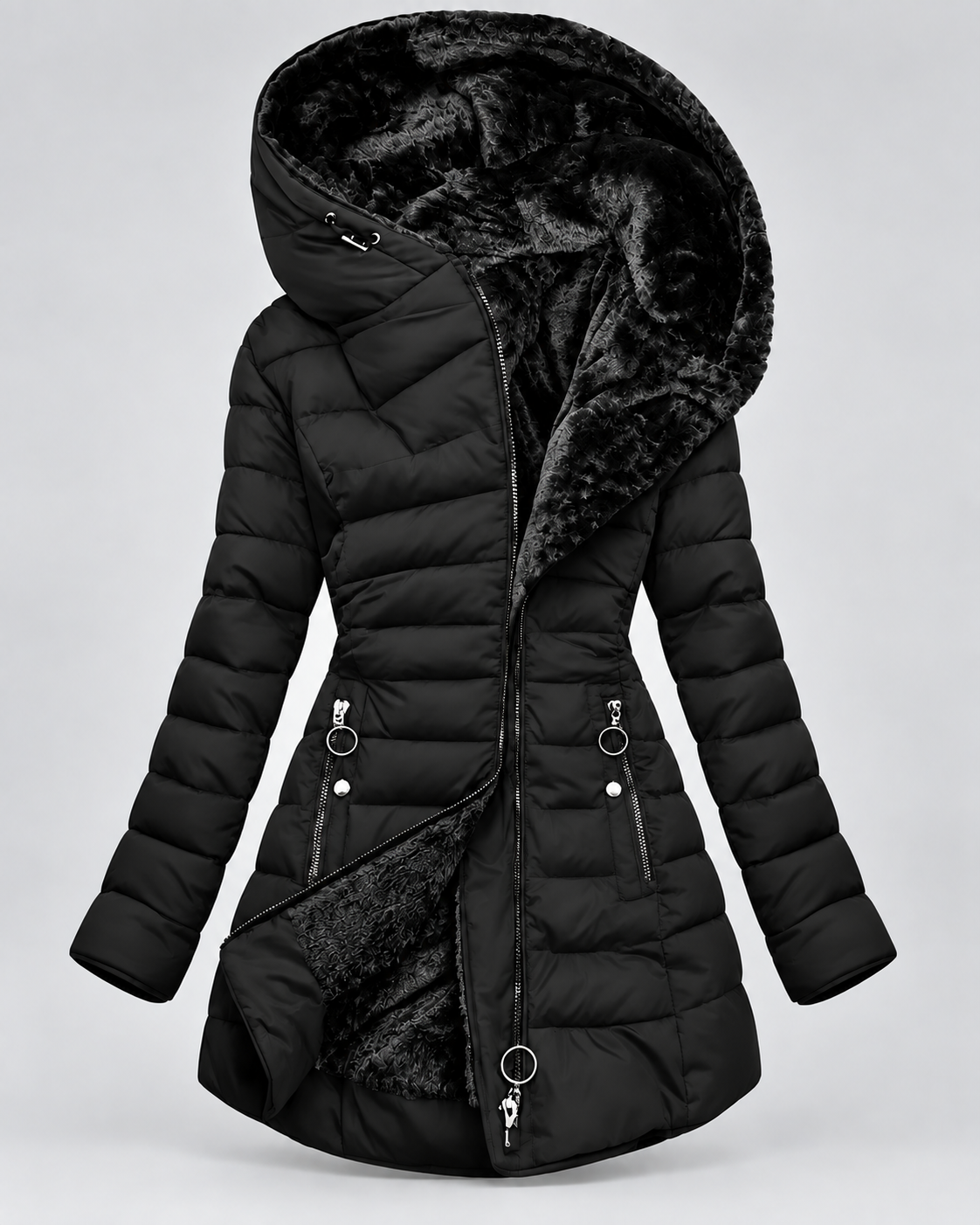 Women's Longline Quilted Coat - Faux Fur Hood