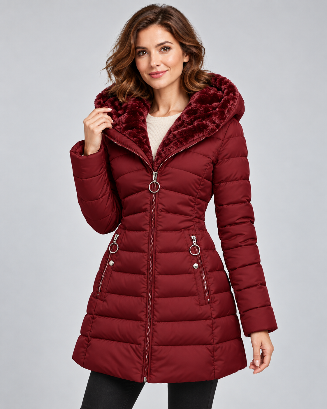 Women's Longline Quilted Coat - Faux Fur Hood