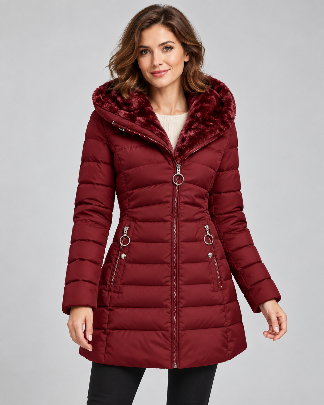 Women's Longline Quilted Coat - Faux Fur Hood