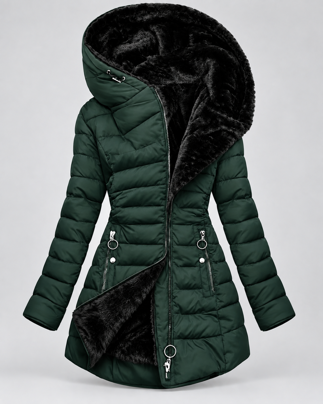 Women's Longline Quilted Coat - Faux Fur Hood