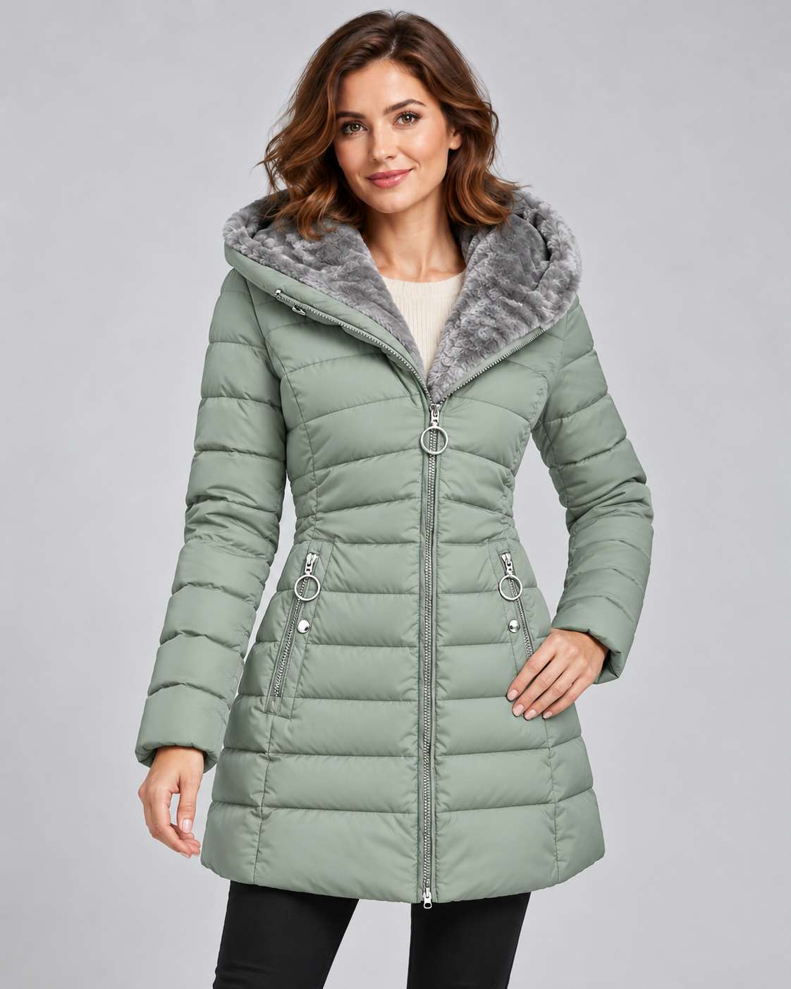 Women's Longline Quilted Coat - Faux Fur Hood