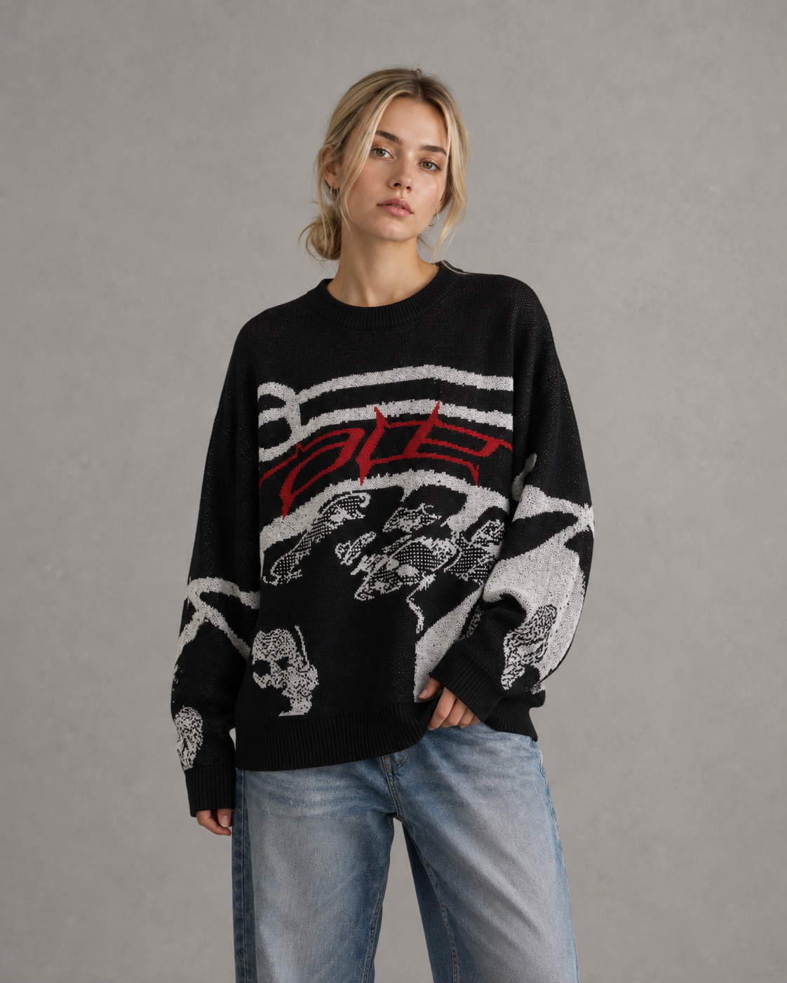 Women's Oversized Graphic Knit Sweater - Relaxed Fit