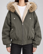 Women's Oversized Hooded Bomber Jacket with Fur Trim