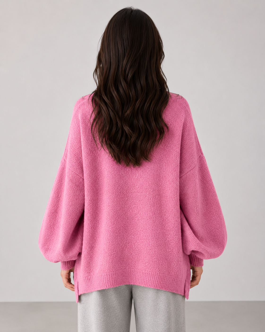 Women's Oversized Knit Sweater - Balloon Sleeve Crew Neck Relaxed Fit