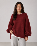 Women's Oversized Knit Sweater - Balloon Sleeve Crew Neck Relaxed Fit
