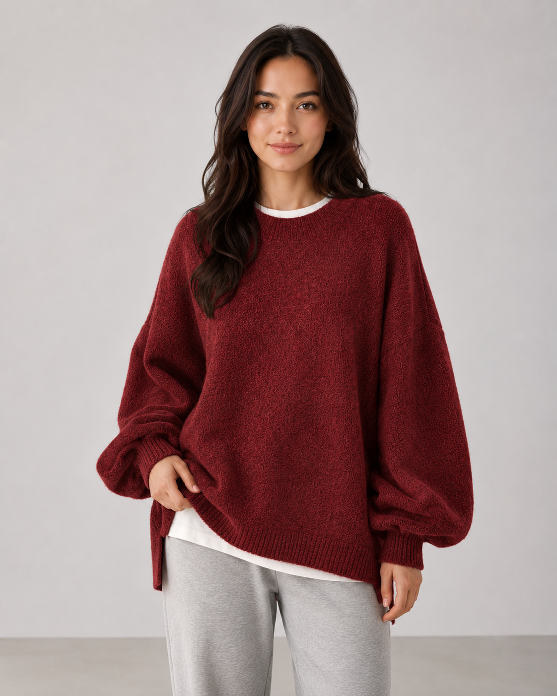 Women's Oversized Knit Sweater - Balloon Sleeve Crew Neck Relaxed Fit