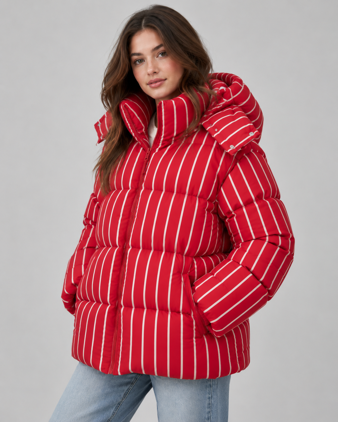 Women's Oversized Zip-Up Puffer Jacket - Striped