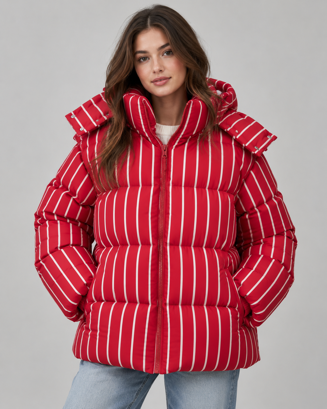 Women's Oversized Zip-Up Puffer Jacket - Striped