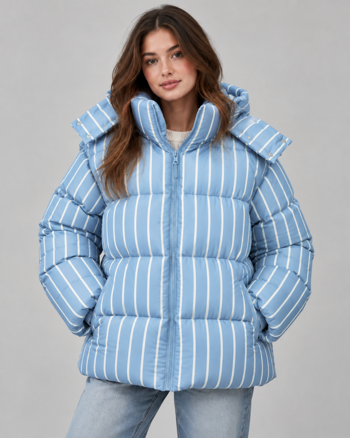 Women's Oversized Zip-Up Puffer Jacket - Striped