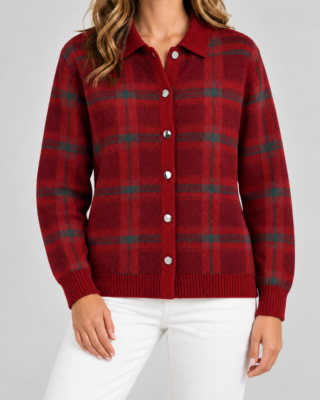 Women's Plaid Knit Cardigan - Collared Button Front Relaxed Fit