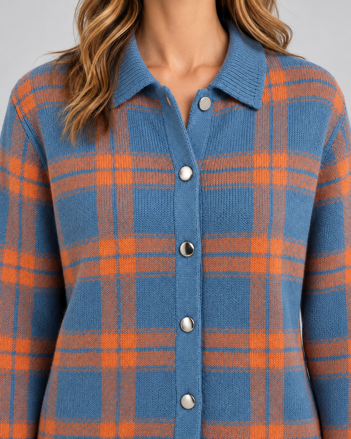 Women's Plaid Knit Cardigan - Collared Button Front Relaxed Fit