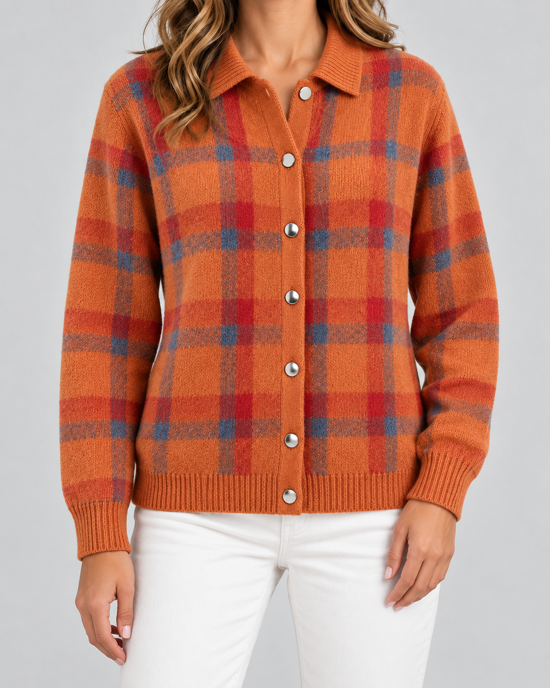 Women's Plaid Knit Cardigan - Collared Button Front Relaxed Fit