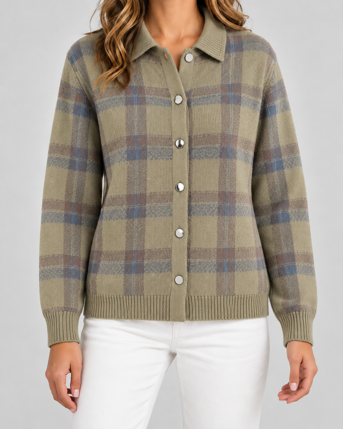 Women's Plaid Knit Cardigan - Collared Button Front Relaxed Fit