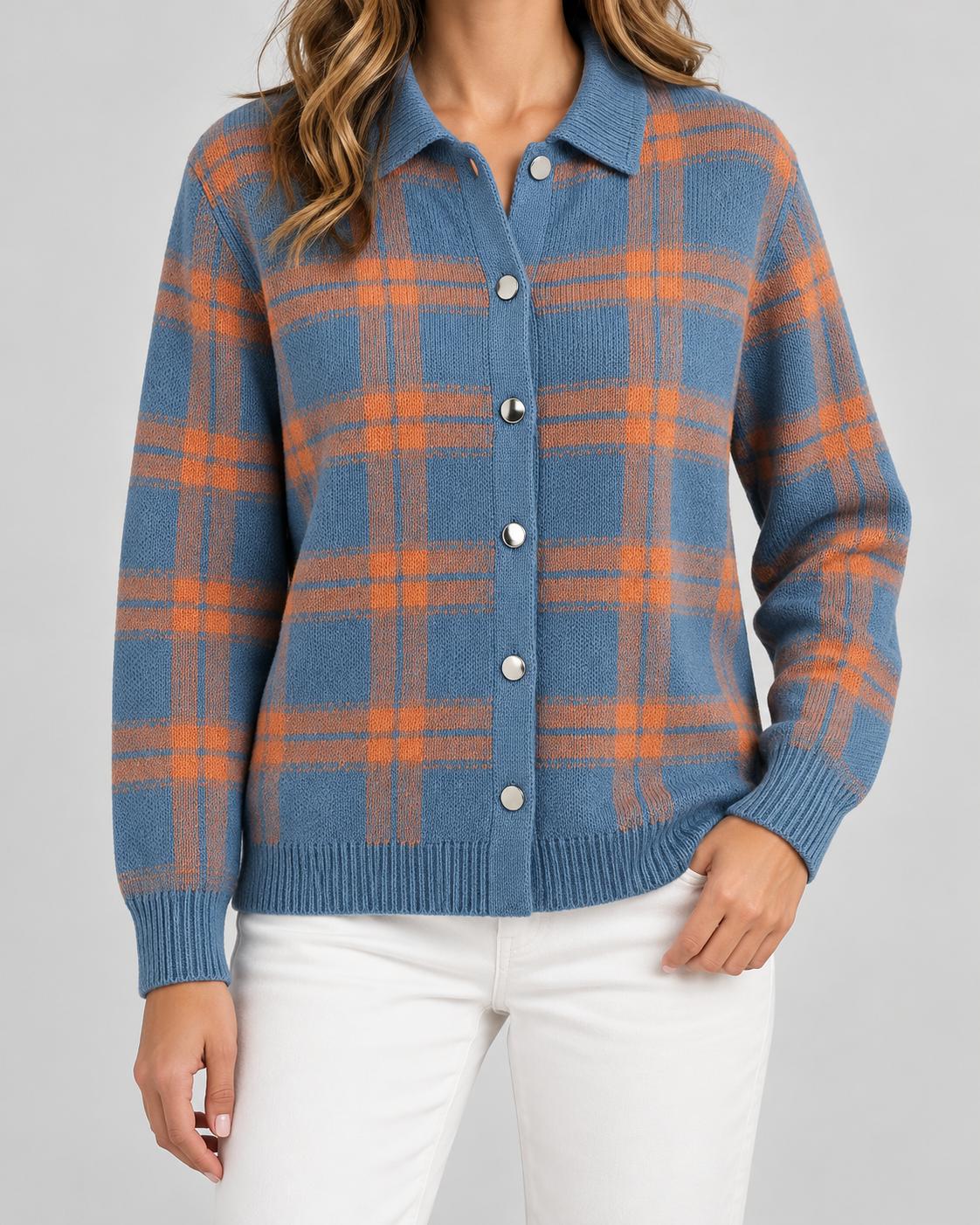 Women's Plaid Knit Cardigan - Collared Button Front Relaxed Fit