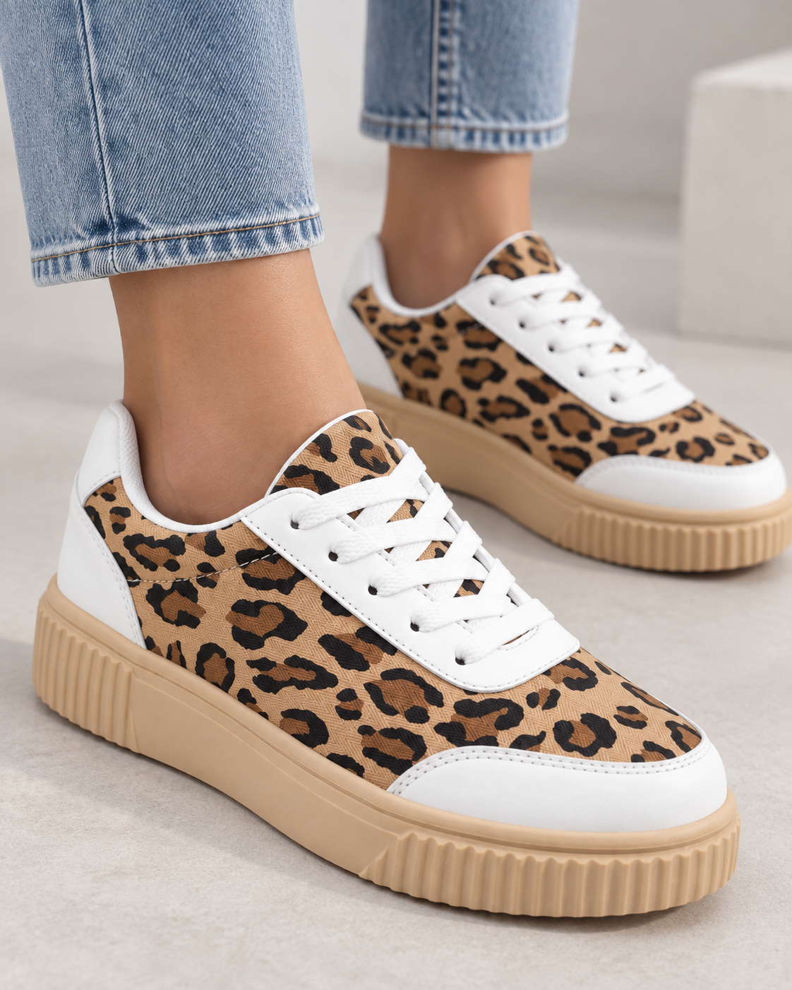 Women's Platform Sneakers - Leopard Print Lace-Up