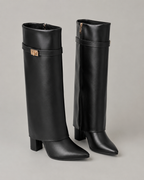 Women's Pointed Toe Knee-High Boots Buckle Block Heel