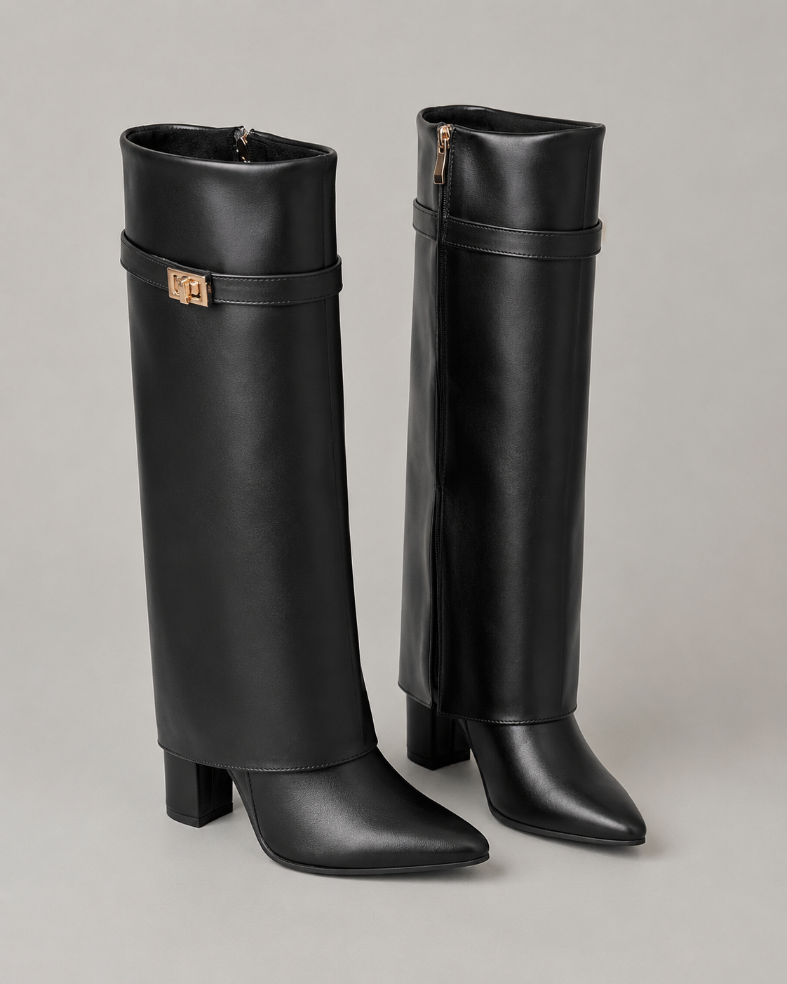 Women's Pointed Toe Knee-High Boots Buckle Block Heel