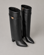 Women's Pointed Toe Knee-High Boots Buckle Block Heel