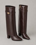 Women's Pointed Toe Knee-High Boots Buckle Block Heel