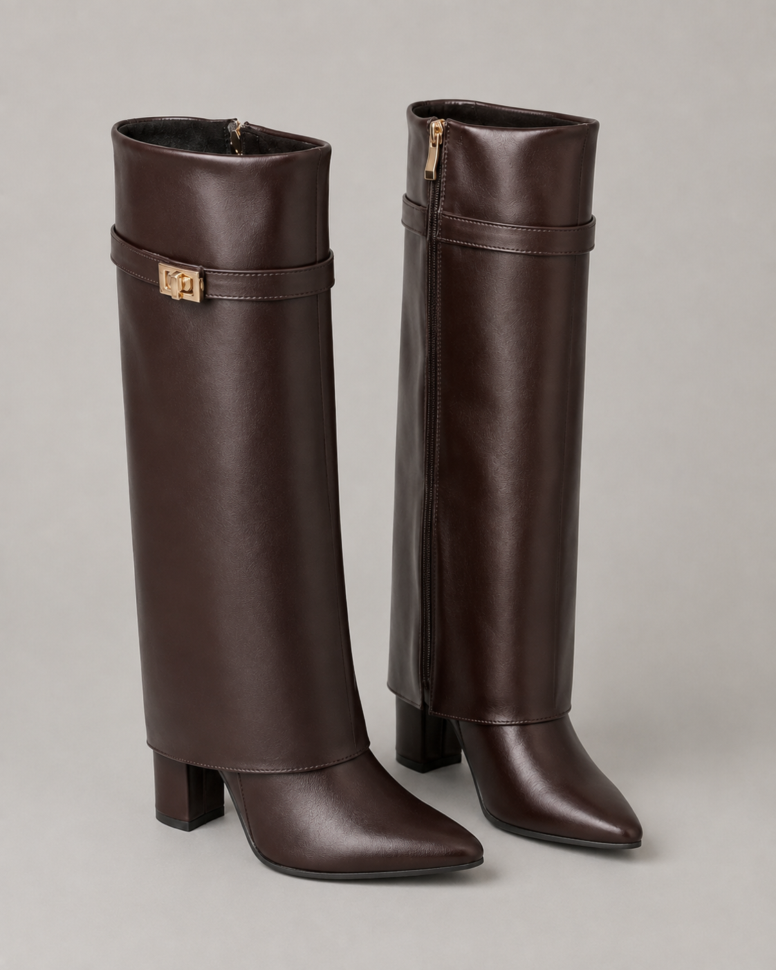 Women's Pointed Toe Knee-High Boots Buckle Block Heel