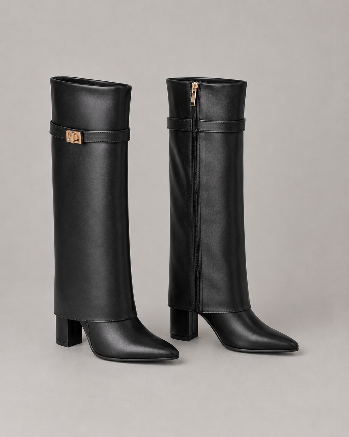 Women's Pointed Toe Knee-High Boots Buckle Block Heel
