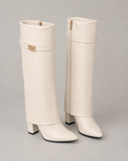 Women's Pointed Toe Knee-High Boots Buckle Block Heel