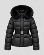 Women's Puffer Jacket - Fur-Trim Hood Belted Waist